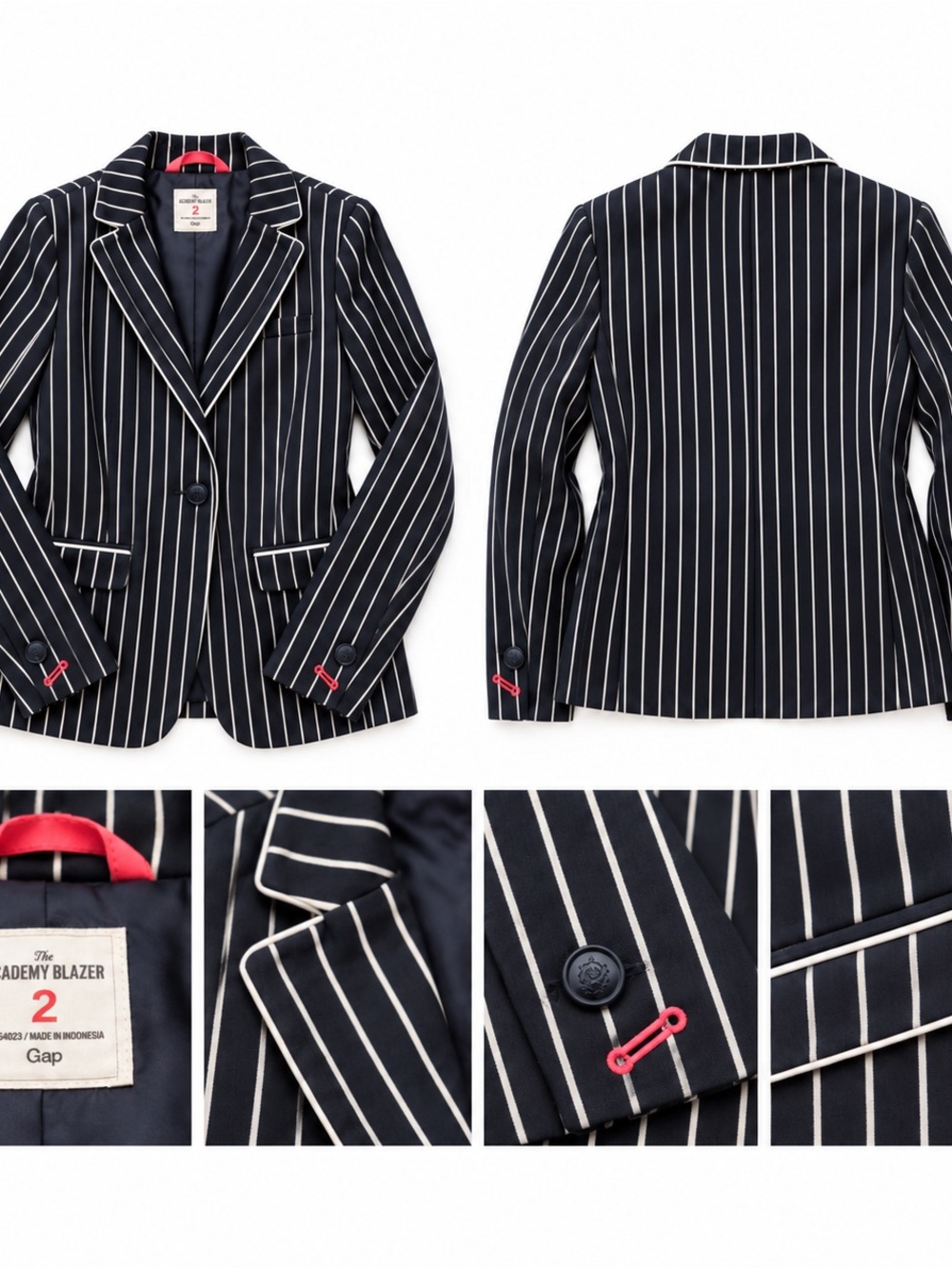 Gap Academy Blazer Size 2 Navy Pinstripe Coral Pink Detail